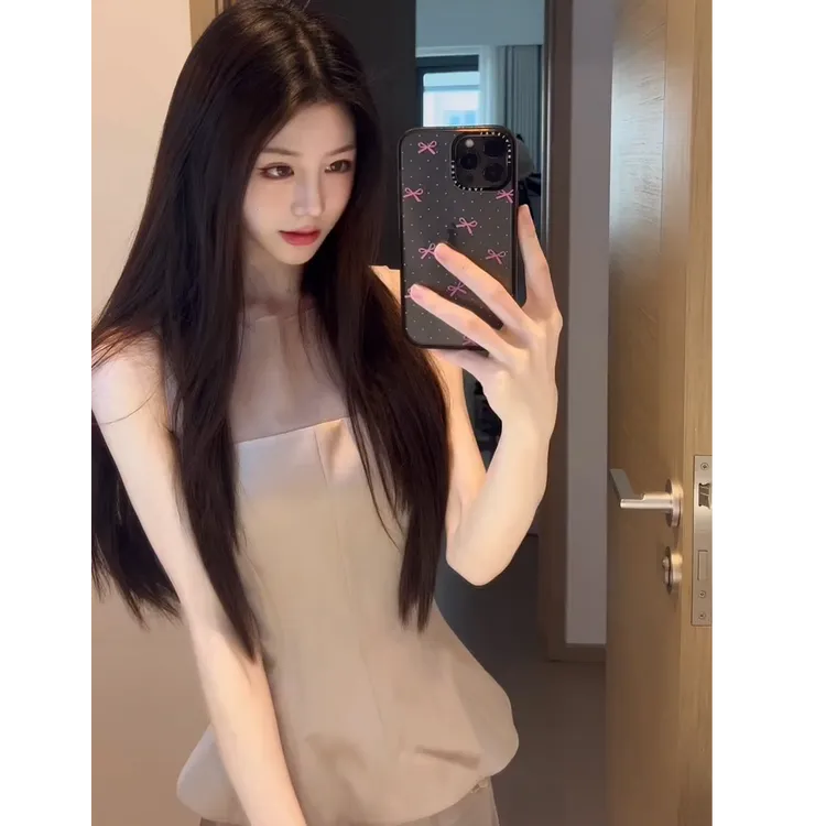 法式设计感时尚一字肩无袖上衣高腰显瘦半身裙两件套女夏季套装