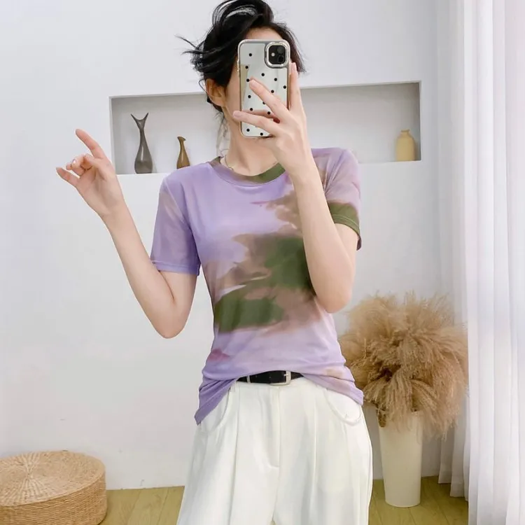 夏季高档纱衣t恤短袖女款爆款2025新款正版网纱上衣网红洋气衣服