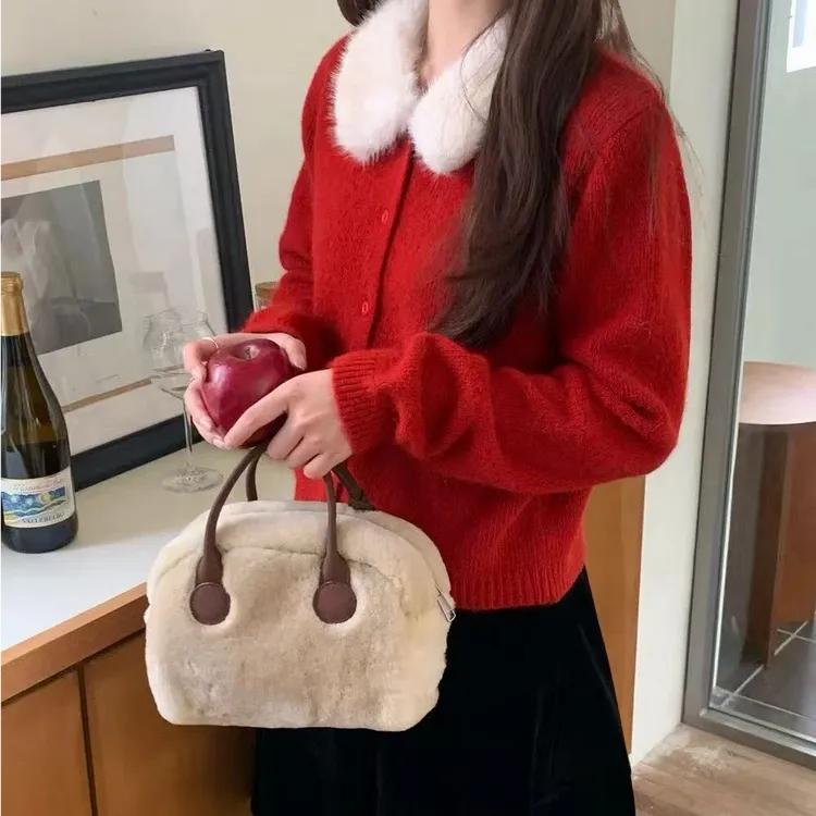 欧洲站2025秋冬新款韩系长袖拼接毛领针织开衫上衣打底衫毛衣女潮