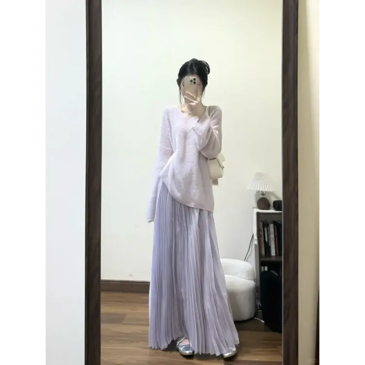 2025早春搭配一整套女紫色毛衣半身裙子穿搭温柔减龄漂亮两件套女
