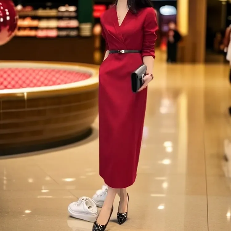 连衣裙轻奢气质时尚长袖设计师腰带显瘦女神名媛优雅