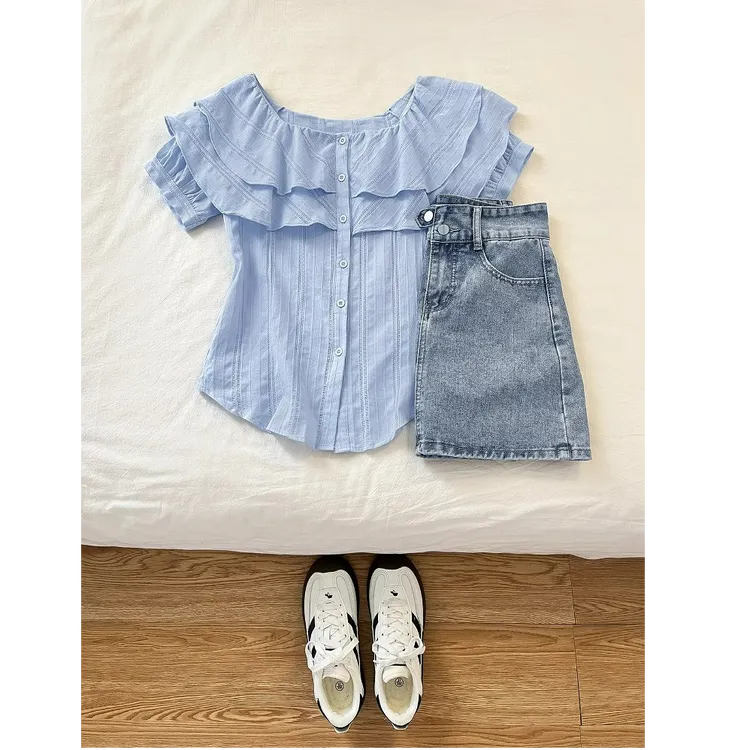 有被撩到！2025夏季新款法式温柔风设计感衬衫女复古牛仔短裙套装