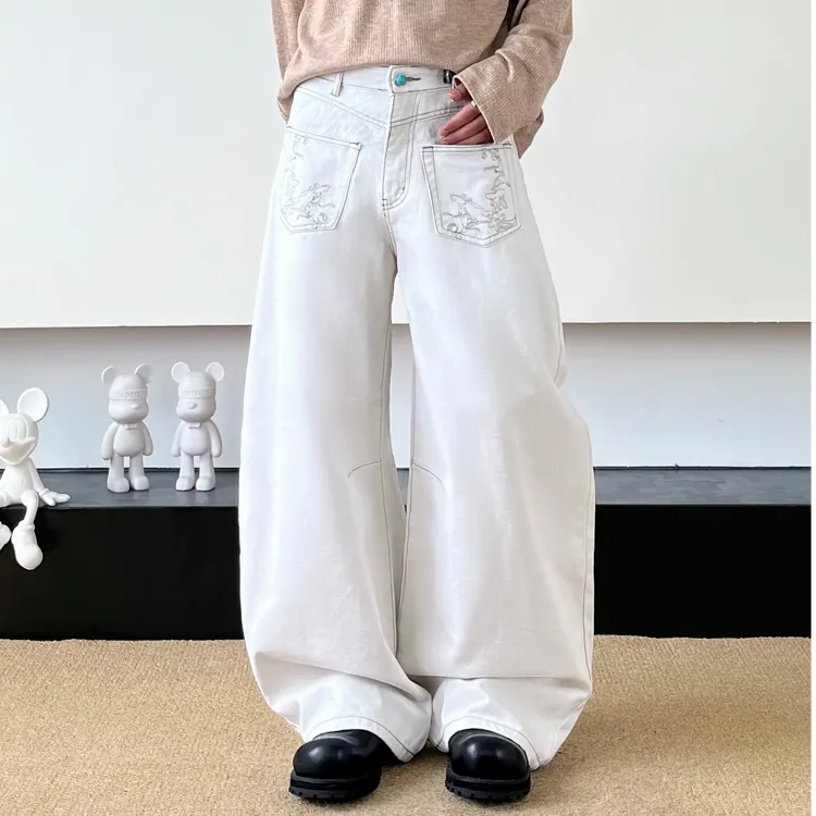 SWAG明线口袋刺绣绿松石纽扣弯刀牛仔裤男士老钱风cleanfit阔腿裤