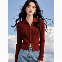 早秋穿搭外搭上衣新中式轻国风盘扣红色针织开衫外套慵懒风毛衣女
