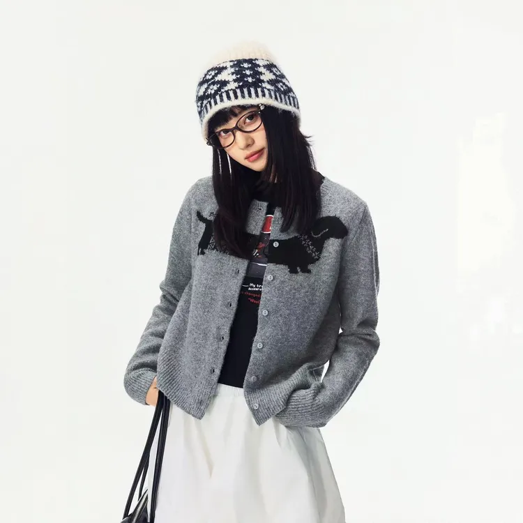 BONELESS花纹腊肠狗针织开衫小香风长袖时尚