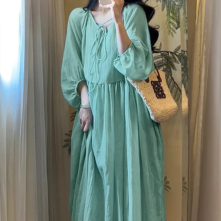 大码女装300斤胖MM韩系温柔风不规则V领系带纯色连衣裙149