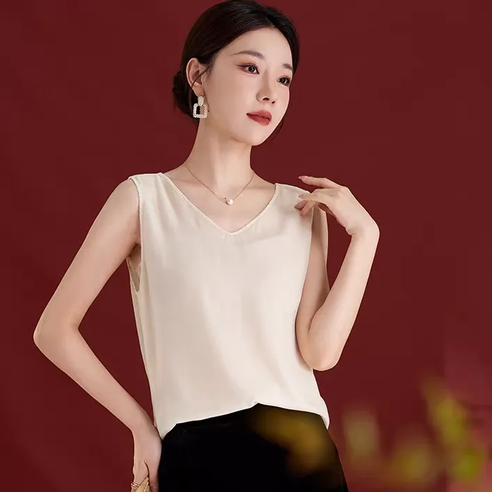 杭州真丝丝绒内搭小衫女V领气质优雅妈妈百搭背心桑蚕丝无袖上衣