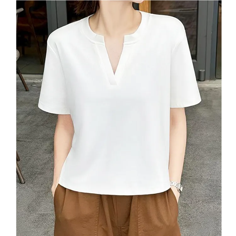 美式极简风纯色正肩显瘦V领T恤2025夏季新款松弛感通勤百搭短袖
