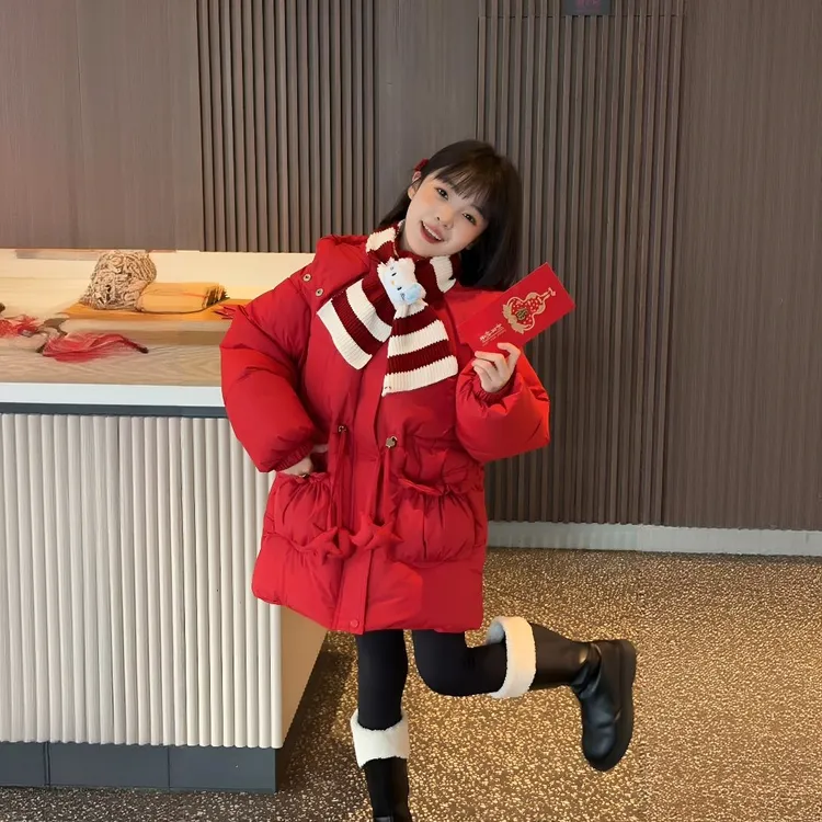 【送围脖】公主风高领厚款中长款加绒加厚棉服棉袄百搭红色女童洋气