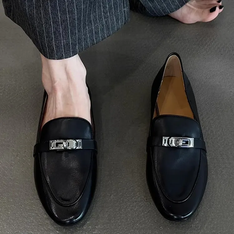 羊皮版~英伦复古圆头金属扣乐福鞋女通勤百搭黑色平底小皮鞋单鞋