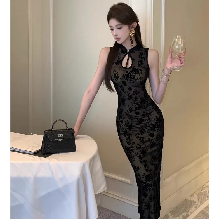 D223 无袖立领纯色圆襟水滴领旗袍气质黑色设计感少女印花蕾丝