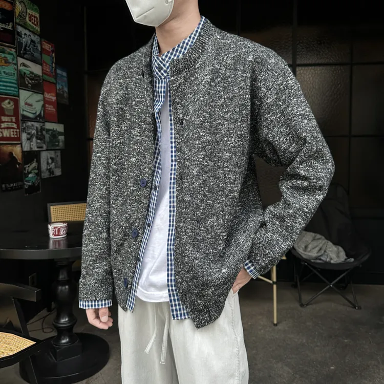 【可型男装】针织秋季拼接纯色厚款圆领毛衣秋冬复古开衫立领休闲