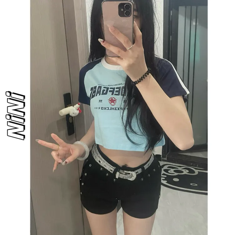 妮妮】新款插肩袖三杠短款短袖正肩辣妹T恤美式露脐上衣女圆领打底