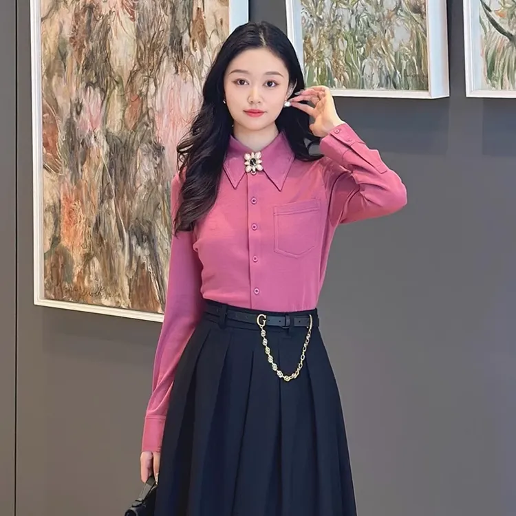 【商场同款】秋冬新款翻领收腰尖领衬衫百搭气质简约上衣女1301044