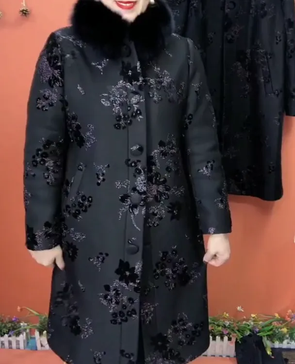 冬季新款妈妈提花毛领宽松大码洋气中长款外套