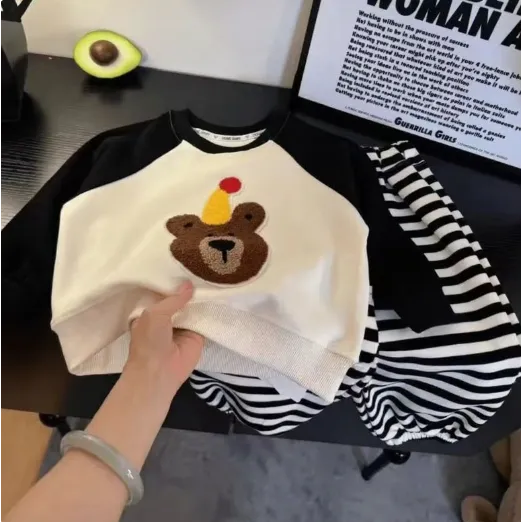 儿童秋季卫衣套装宝宝拼色长袖上衣秋装条纹休闲裤束脚裤童装0090