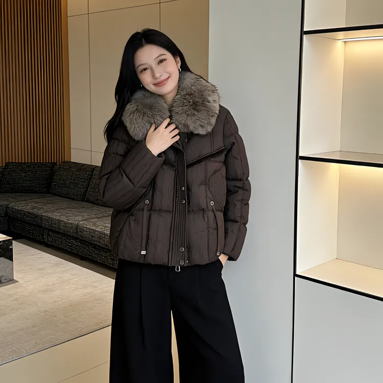 冬季新款保暖加棉加厚大毛领百搭拼接棉服