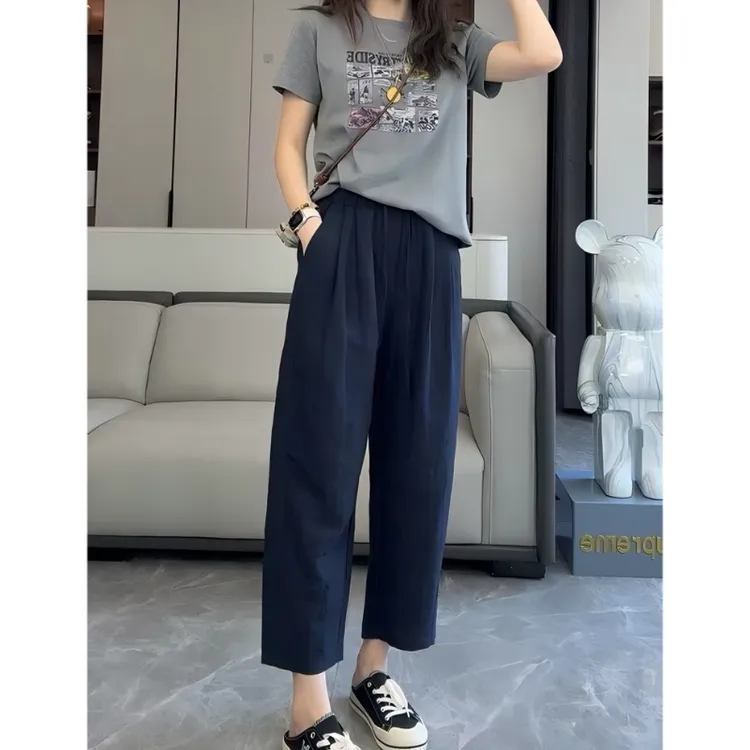小个子亚麻莱赛尔纤维阔腿裤夏季九分裤休闲裤（会缩水介意慎拍