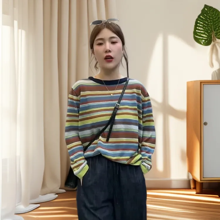 2025新款圆领彩虹条纹针织衫欧货女装慵懒风洋气时尚打底衫上衣潮