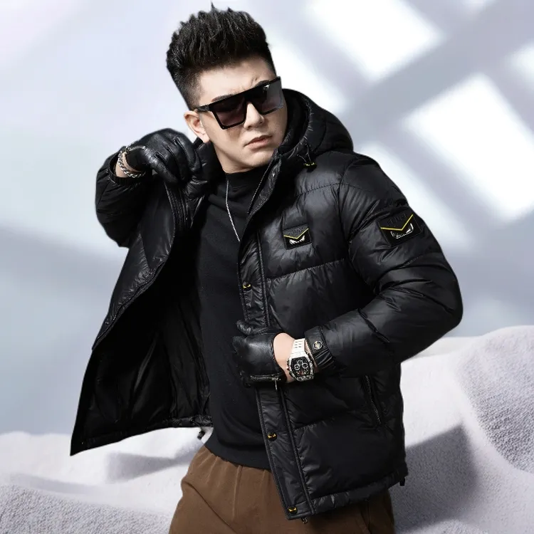 宾斯洛特潮牌徽章白鸭绒羽绒服男士冬季新款保暖防寒服连帽外套男