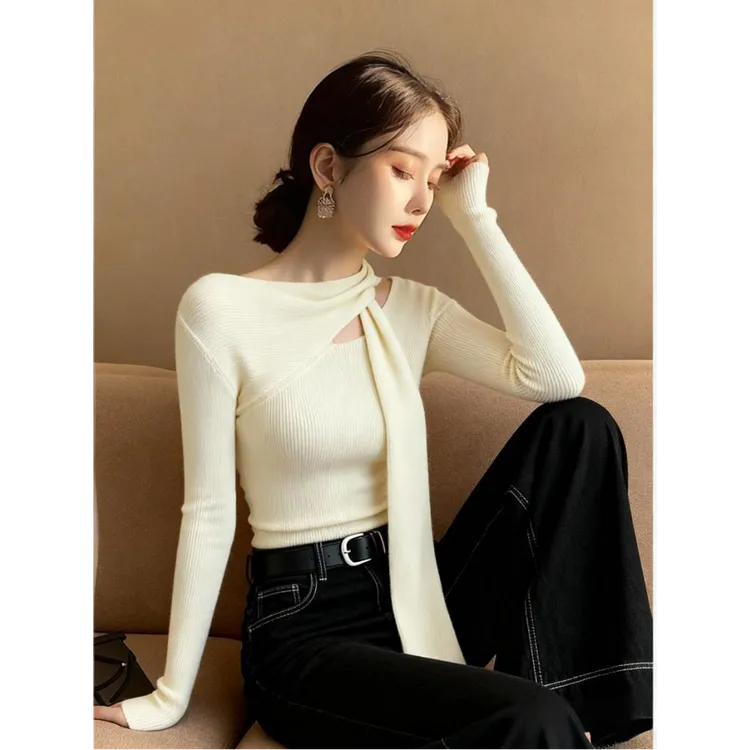 韩系温柔风设计感纯色打底针织衫女秋冬新款气质百搭牛仔裤两件套