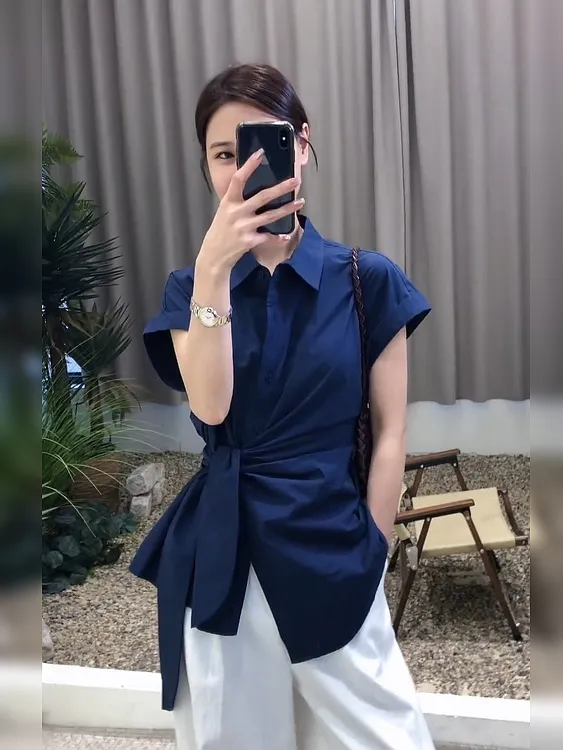 爆款2025欧货设计感小众轻熟上衣气质高级感藏蓝色系带衬衫女夏季