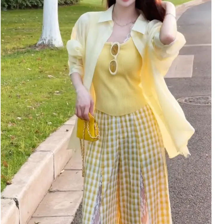 2025夏季新款时尚设计感甜美减龄别致百搭吊带开衫裤子三件套