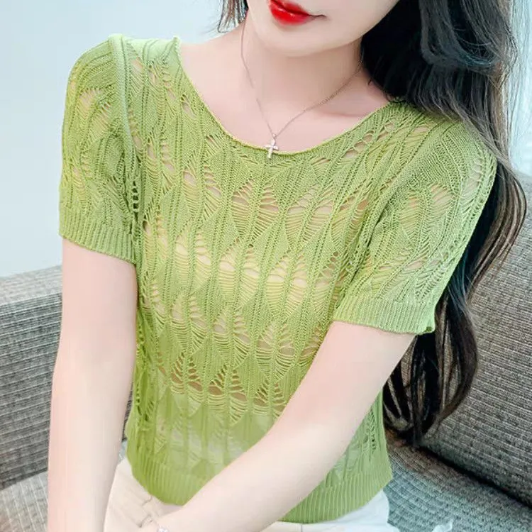 ZHI LING/芷翎夏季女装短袖镂空新款上衣时尚洋气百搭套头罩衫潮