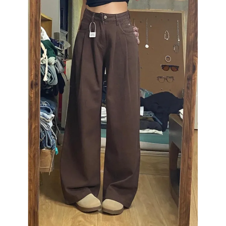 145小个子美式咖色设计感褶皱阔腿牛仔裤女高腰宽松直筒拖地裤子