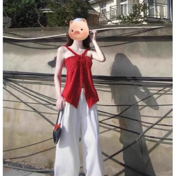 韩系小众肌理感挂脖无袖吊带背心女夏季小众别致绝美独特露肩上衣
