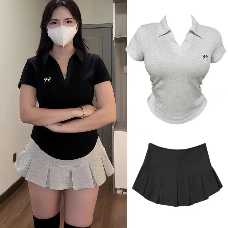 大码黑色polo领正肩短袖女T恤夏季胖mm韩系甜辣妹设计感收褶上衣