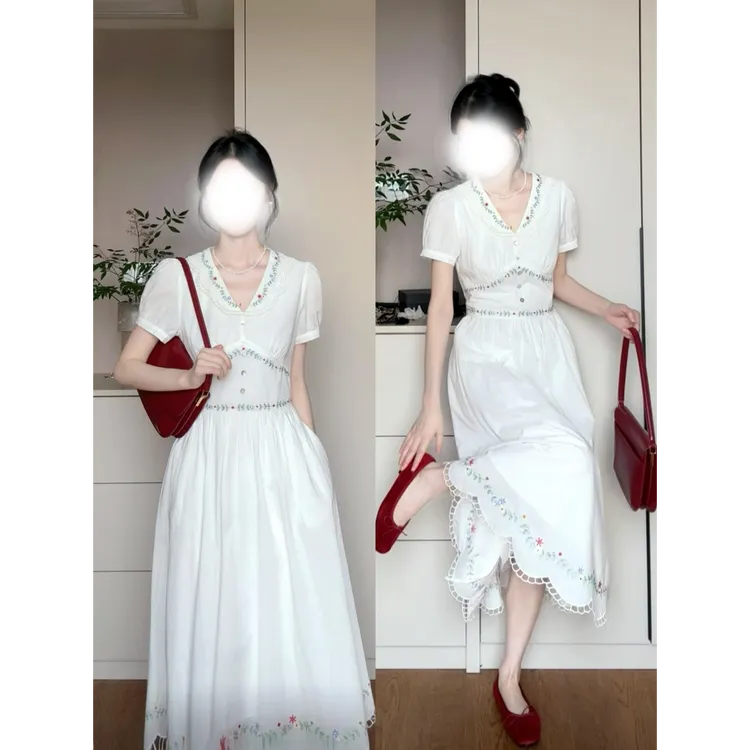 parkyeon法式初恋白月光蕾丝刺绣娃娃领连衣裙女清纯掐腰仙女裙子