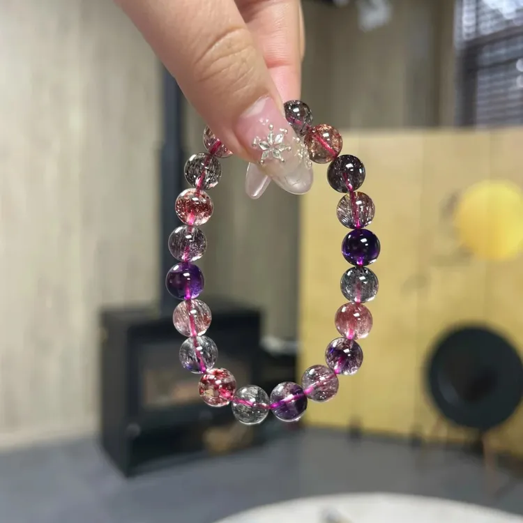 毕业级超七黑加仑手链粉彼岸花三轮骨干紫红水晶手串女多样性发一