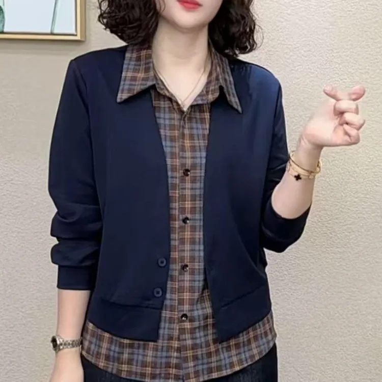 2025秋季新品时尚显瘦假两件设计感减龄拼接格子长袖上衣洋气女装