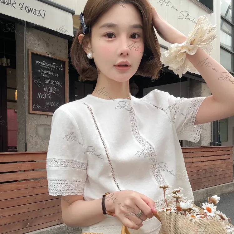 Artme瓜瓜呀【白月光亚麻飘感蕾丝上衣半裙套装 】w1384w2