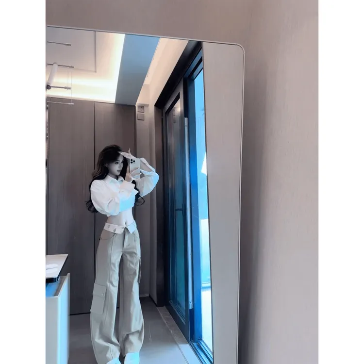 MARIE.COCO秋季辣妹穿搭长袖一字肩衬衫上衣设计感直筒宽松阔腿裤