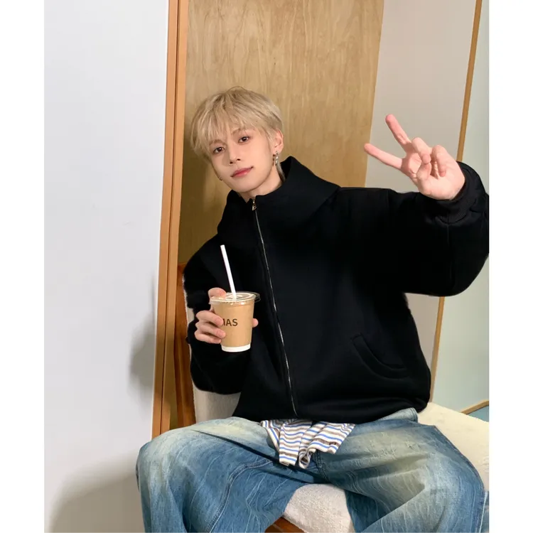 孙恩盛【私服超爱】秋冬重磅上衣男女灰色双拉链开衫连帽卫衣外套