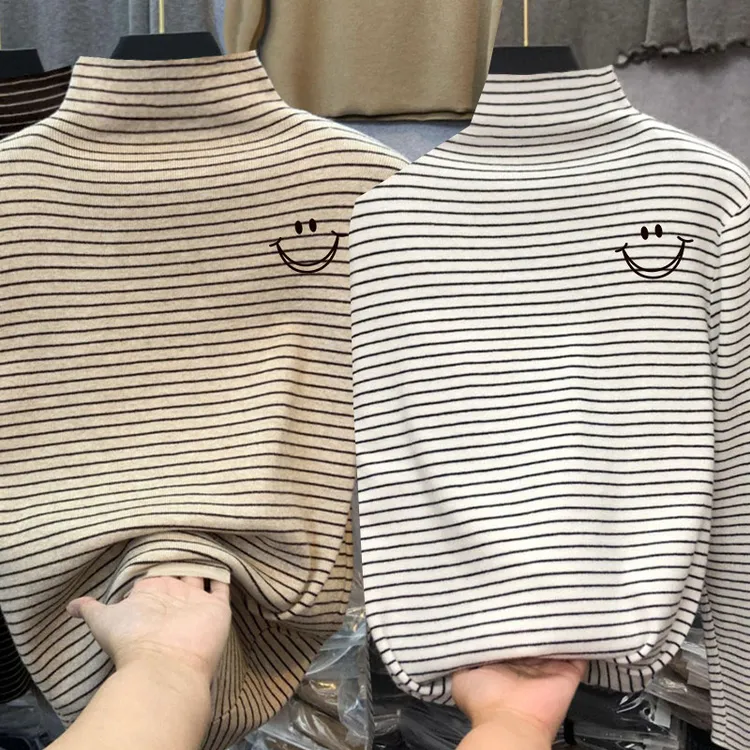 男女儿童装条纹德绒打底衫秋冬装保暖半高领宝宝上衣内搭长袖t恤