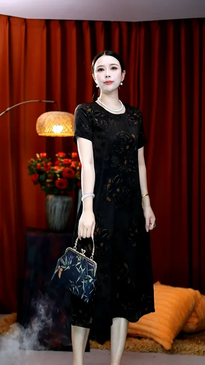 （禅香花）X661秋季夏季高腰通勤扎染连衣裙宽松圆领中长款提花