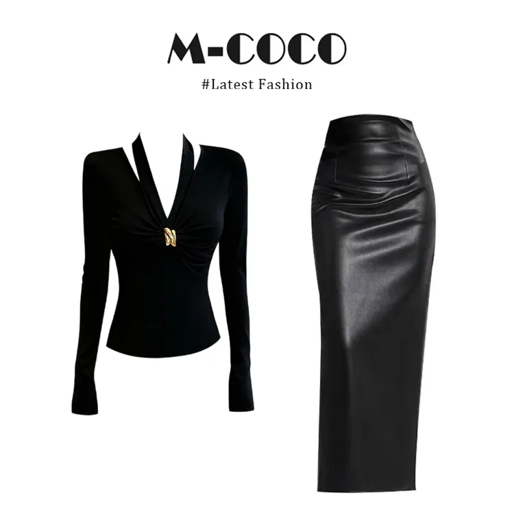 【同款优选】御姐辣妹风黑色V领褶皱长袖T恤秋季包臀半身裙套装女