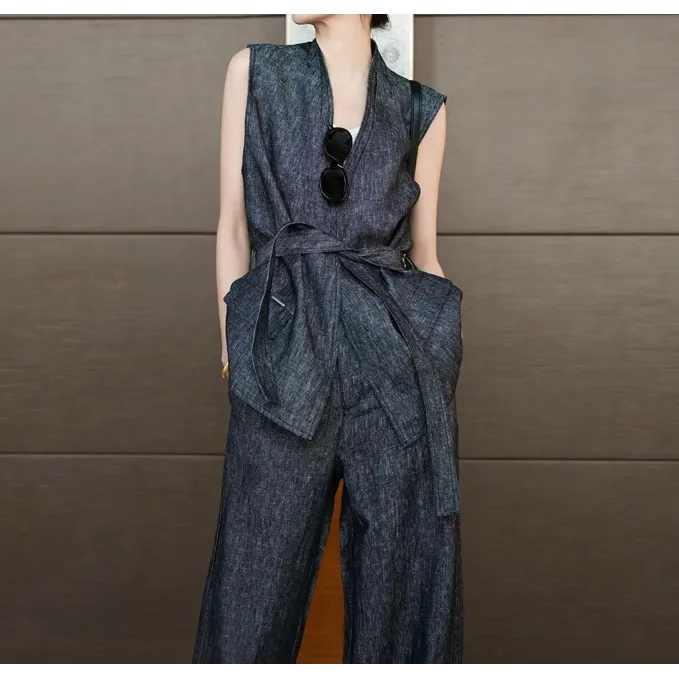 复古蓝亚麻套装女春季新款干练通勤时尚无袖马甲外套西装裤两件套