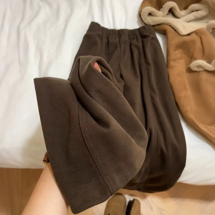 美拉德棕色毛呢阔腿裤女秋冬新款大码胖mm高腰显瘦垂感直筒休闲裤