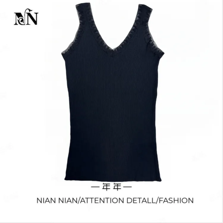 〖松岛〗年年2025秋冬新款冰丝针织花边小吊带背心女百搭v领上衣