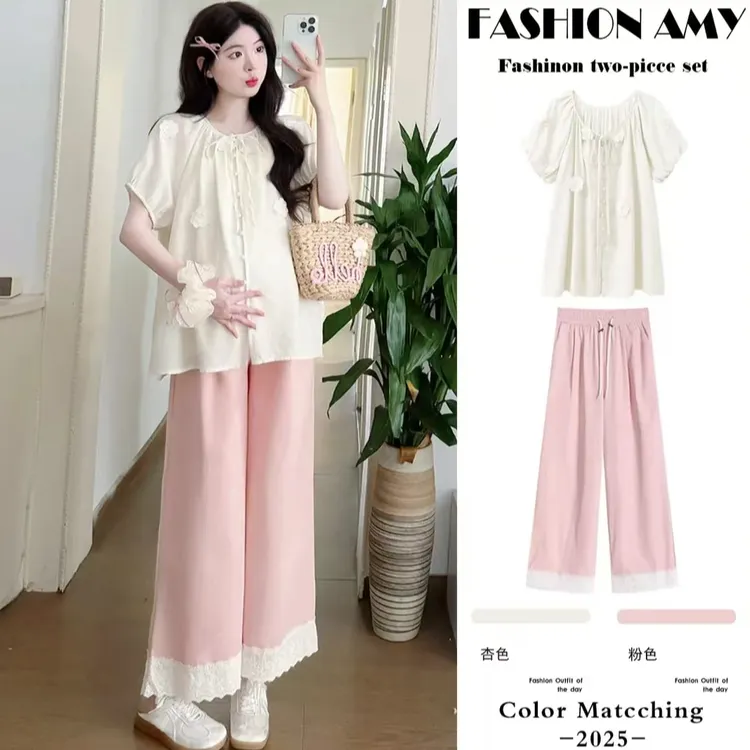 夏季新款孕妇套装时尚洋气减龄花朵泡泡袖衬衫休闲蕾丝拼接阔腿裤