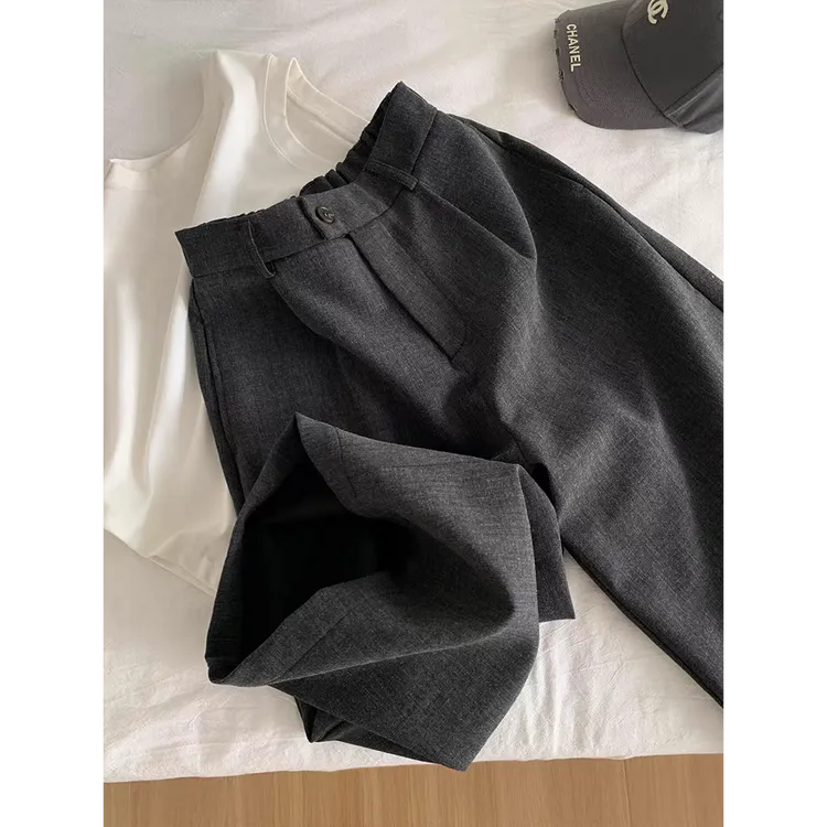 真心舒服！巨推荐！韩系黑色休闲七分裤女松紧腰阔腿裤子直筒西装裤