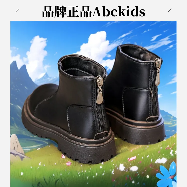 Abckids女系带皮靴棉靴女童短靴马丁靴冬季单靴女孩靴子男孩短靴