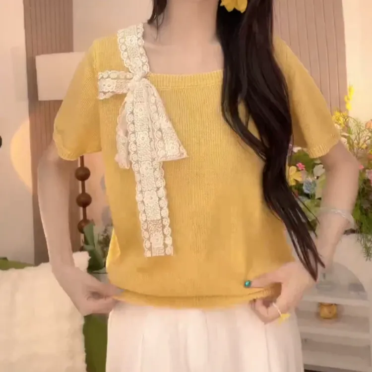 夏季休闲洋气拼接蕾丝上衣时尚百搭圆领短袖洋气针织衫洋气衣服女