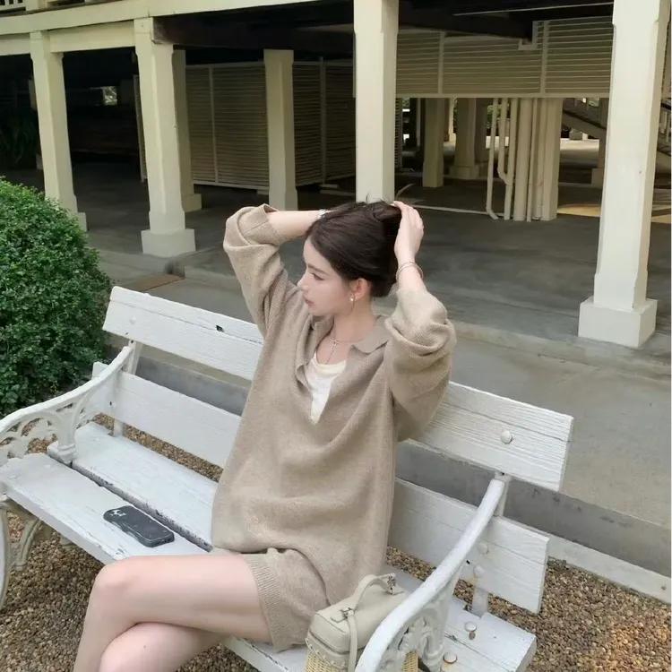 慵懒风针织套装女V领毛衣短裤宽松显瘦休闲两件套秋季气质网红