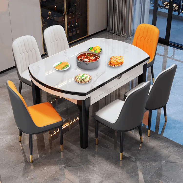 实木岩板餐桌椅2025新款轻奢现代简约家用小户型伸缩饭桌可变圆桌