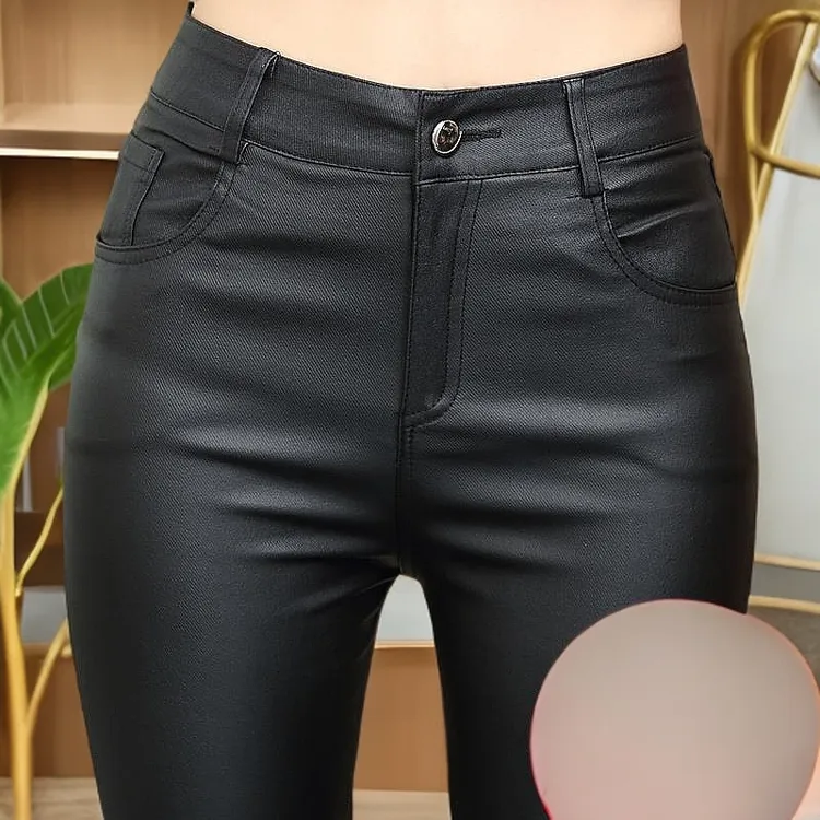 亚光皮裤女加绒加厚高腰外穿打底裤女2025新款秋冬修身显瘦小脚裤